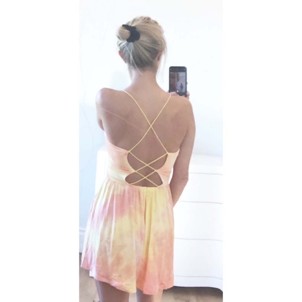 LAST 1! Tie Dye Romper Lace Up Back Yellow Small - Picture 8 of 9